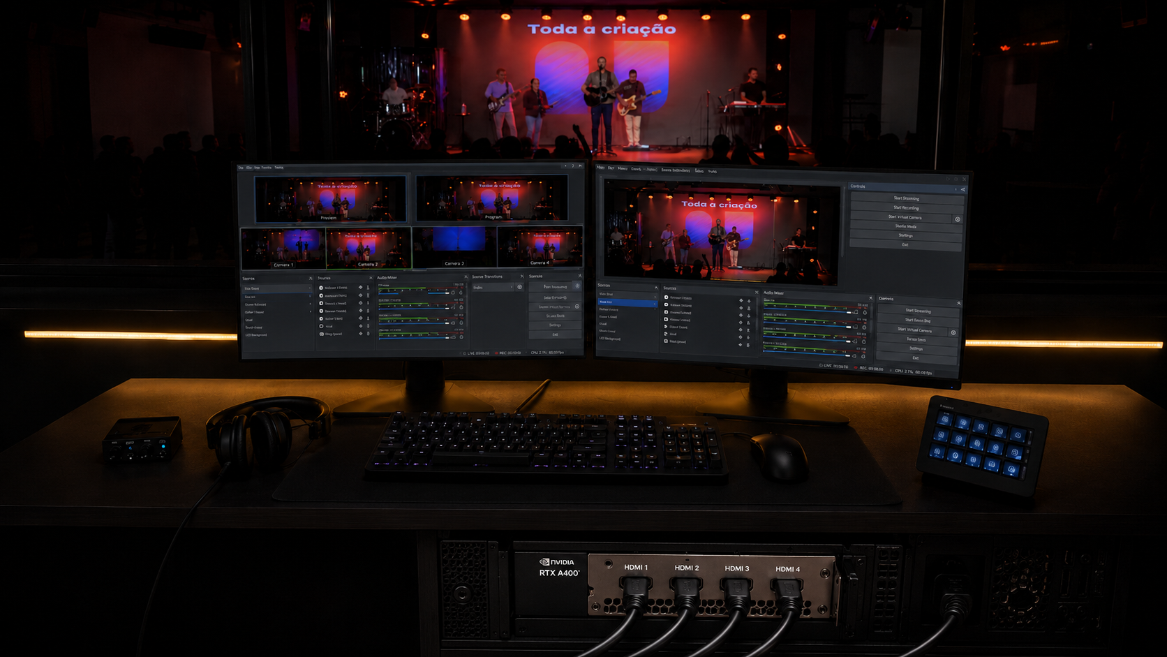 Régia por software com multiview, OBS, Stream Deck e saídas HDMI independentes